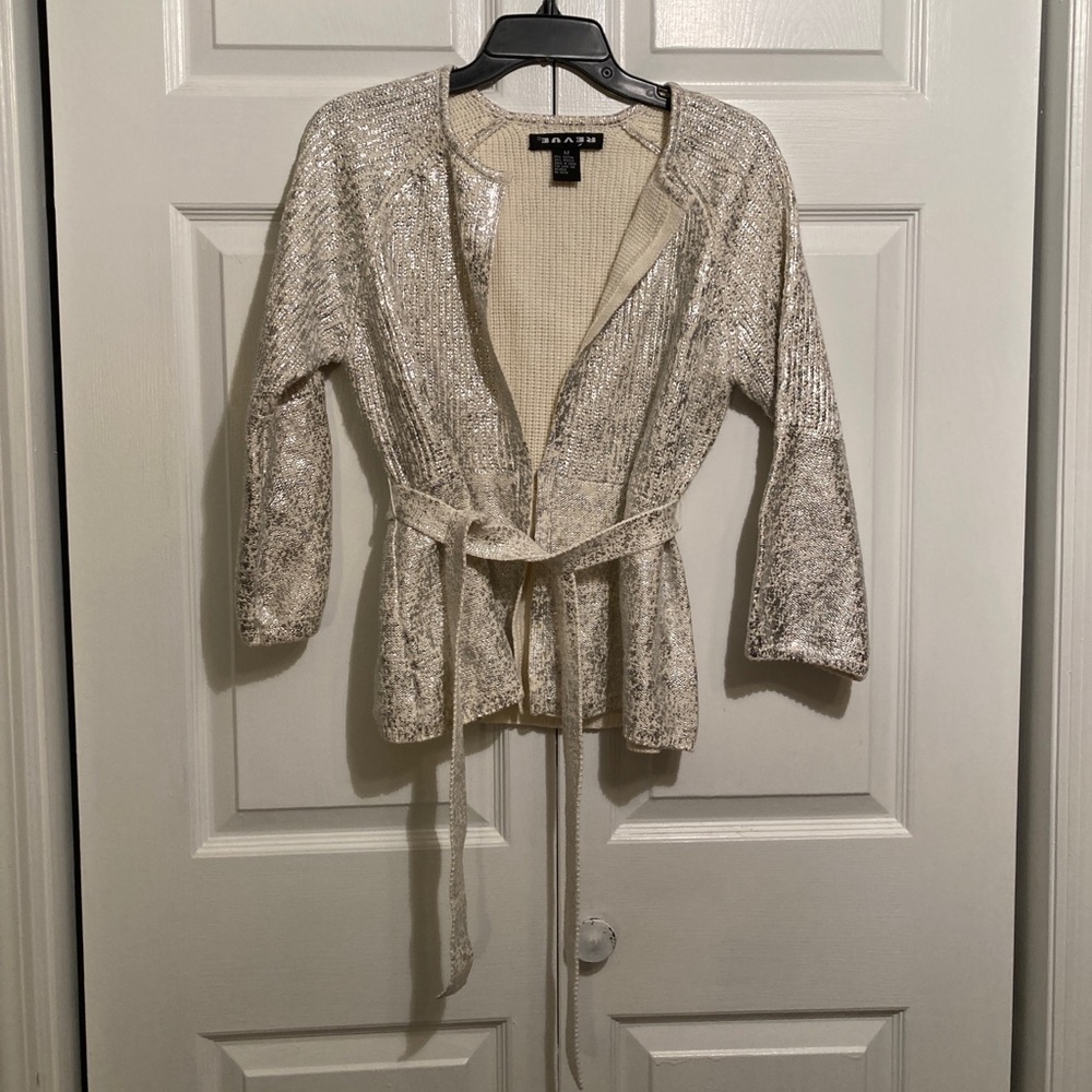 Revue Size M Medium Belted Sweater Bell Sleeve Silver Metallic Ivory